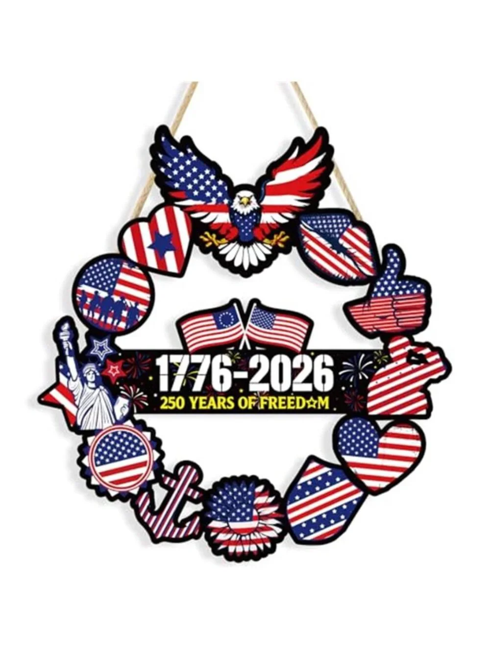 4th of July Door Wreath Wooden American Patriotic Hanging Sign Decor